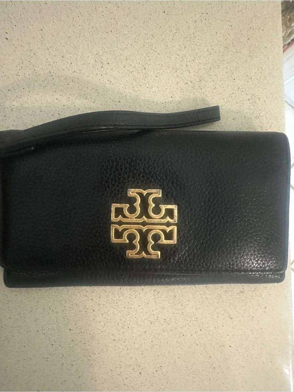 Tory Burch Black Pebbled Leather Continental Wallet Gold Logo Wristlet